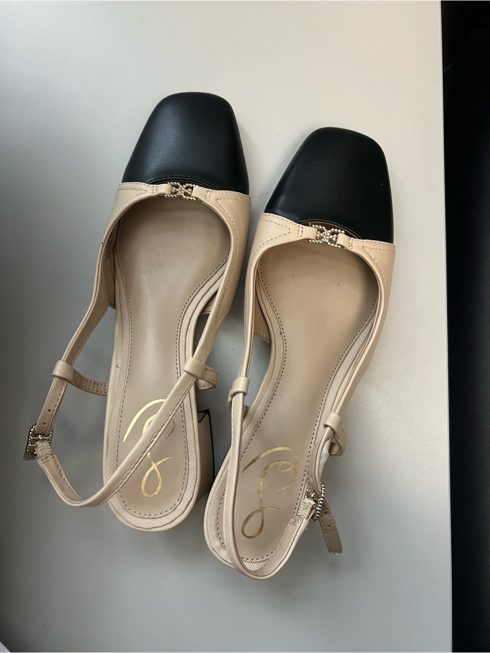 Sam Edelman Beige and Black Cap-Toe Slingback Flats